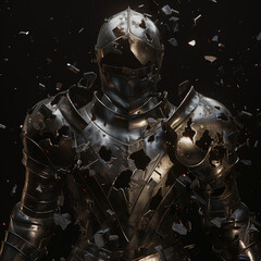 Medieval knight armor shattering into pieces during combat
