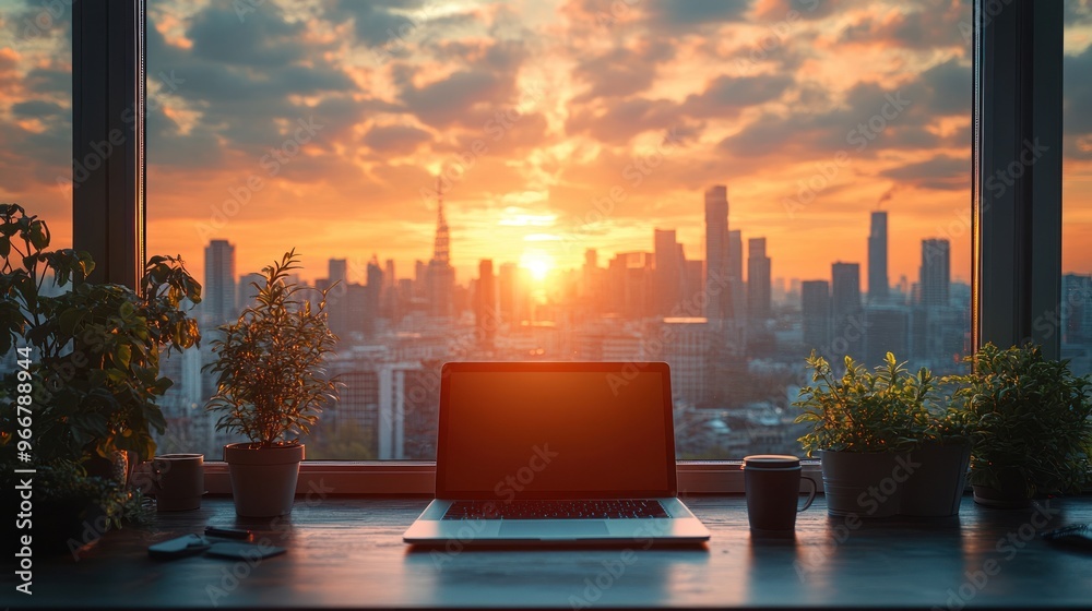 Poster Laptop with Cityscape Sunset View