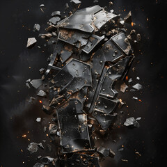 Exploding medieval shield with fragmented metal and debris
