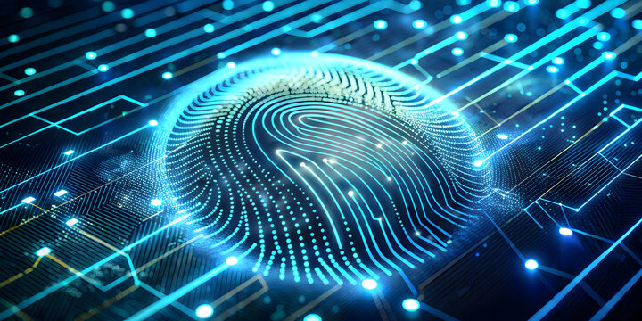 Digital Fingerprint: Glowing blue fingerprint on a circuit board evokes cybersecurity, identity, and data protection in the digital age. 