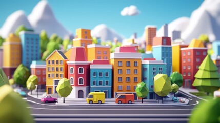 Fototapeta premium Colorful Cartoon Cityscape with Vibrant Buildings and Vehicles in a Lush Mountainous Background