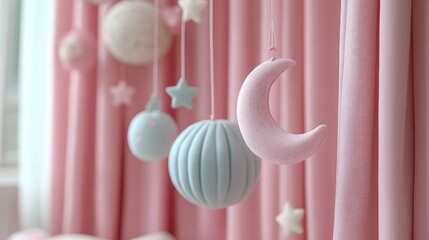 Pink Curtains with Hanging Moon and Stars Decor