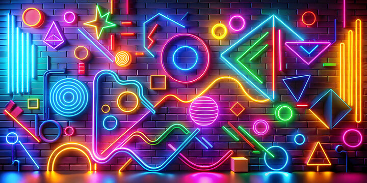 Neon Dreams: An abstract explosion of vibrant neon lights and geometric shapes creates a dazzling and futuristic backdrop, perfect for adding a bold and energetic touch to any design. 