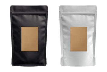 White and black stand-up pouch bags. Blank brown kraft paper pack coffee beans advertising copy space. Front view. Generative AI.