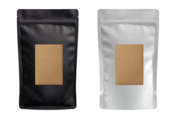 White and black stand-up pouch bags. Blank brown kraft paper pack coffee beans advertising copy space. Front view. Generative AI.