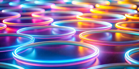 Neon Circles Abstract Pattern: A captivating array of glowing neon circles in vibrant hues of blue, pink, and orange, creating a mesmerizing abstract pattern. Perfect for modern designs, futuristic co