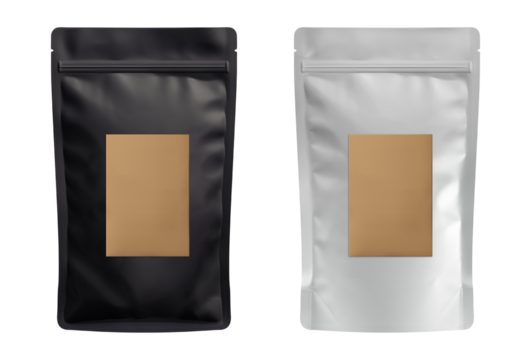 White and black stand-up pouch bags. Blank brown kraft paper pack coffee beans advertising copy space. Front view. Generative AI.