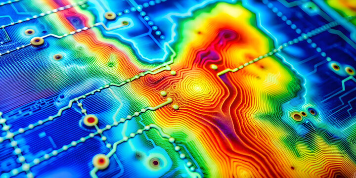 Heatmap Topography: Abstract, vivid, and mesmerizing, this heatmap topography image uses a vibrant color palette to depict complex terrain. The intricate lines and contours create a sense of depth and