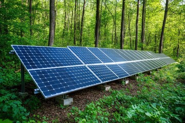 Solar panels installed in the green forest Clean alternative energy concept. Environment, solar energy, generator, ai