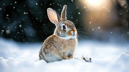 Adorable Rabbit in Snowy Winter Landscape with Falling Snowflakes and Sunlight