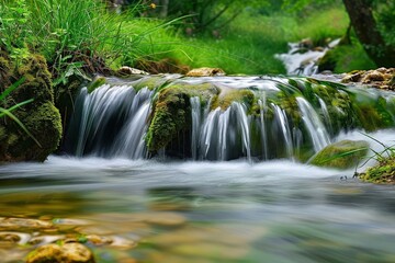 Obraz premium Clear mountain stream with sparkling water, mountain stream, crystal clear freshness