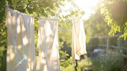 Freshly washed linens hanging in a sunny garden, linens, clean and fresh