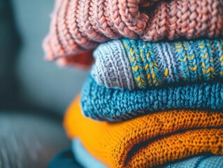 Fototapeta premium Freshly laundered clothes stacked neatly, laundered clothes, clean laundry freshness