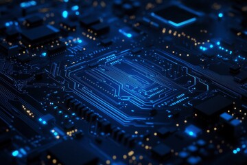 Obraz premium AI chip background with blue circuit light elements on technology dark background. Circuit board, AI semiconductor and computer processor. Abstract polygonal microchip. with generative ai