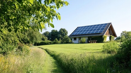 Ecofriendly rural home with solar panels, sustainable living concept