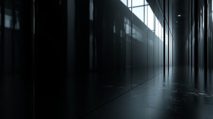 Dark, Narrow Corridor with Shiny Black Tiles and Reflective Walls
