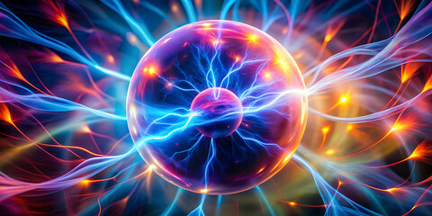 Obraz premium Plasma Sphere: Vivid, neon-like tendrils of energy surge from a glowing orb, creating an abstract masterpiece against a dark background.
