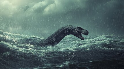 Obraz premium Prehistoric Sea Monster in Stormy Ocean