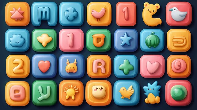 Cartoonish icon set for a kids learning app, featuring bright and fun icons of alphabets, numbers, and animals with a playful design. 