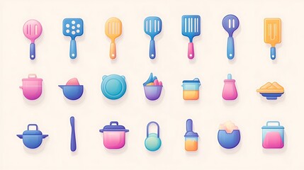 Colorful icon set for a cooking app, featuring icons for different types of kitchen utensils like spatulas, ladles, and whisks with vibrant and playful designs. 