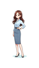 Beautiful brunette businesswoman in a stylish suit smiles confidently while standing in a studio
