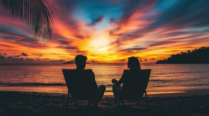Obraz premium Couple in love sitting on a beach watching sunset together, silhouettes against a colorful sky, peaceful and romantic