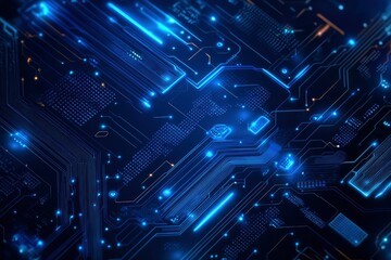 AI chip background with blue circuit light elements on technology dark background. Circuit board, AI semiconductor and computer processor. Abstract polygonal microchip. with generative ai