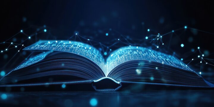 Open Book with Glowing Blue Lines and Connected Dots