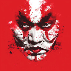 Distressed Asian Mask with Red and Black Paint and Abstract Texture
