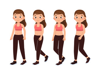 Fototapeta premium Fitness girl constructor. Woman in sportive uniform. Kit for creating cartoon. Pack of character in various angles. Cardio training and workout. Flat vector collection
