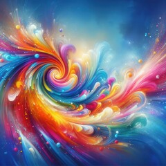 a vibrant and colorful abstract image featuring swirling rainbow colors, with a mix of bright splashes and sparkles against a serene blue background, evoking a sense of dynamic movement and energy