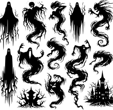A Vector Set of Various Ghosts in Different Poses, scream ghost.eps