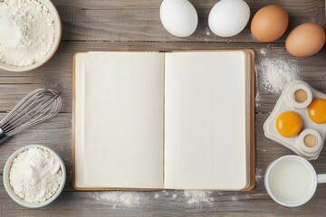 Wooden table with an open recipe book and baking ingredients, wooden table, culinary inspiration