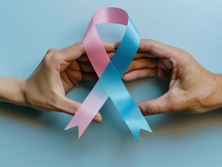 Two hands gently placing a "Cancer Fighter" ribbon on a clean desk, symbolizing resilience. The background is bright and sterile, with a minimalistic focus on the ribbon.
