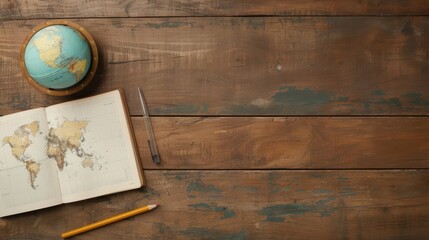Wooden table with a globe, maps, and travel journals, wooden table, explorers desk