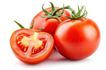 Tomato vegetables isolated on white background. One whole tomato and cut slice , ai