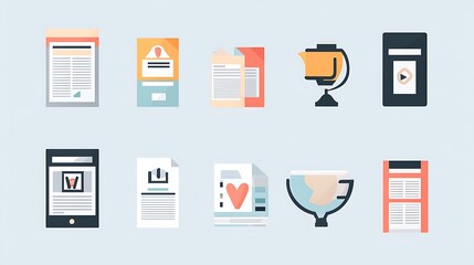 Flat vector icon set for a news app, featuring icons for different types of news sources like newspapers, magazines, and blogs with a simple and professional design. 