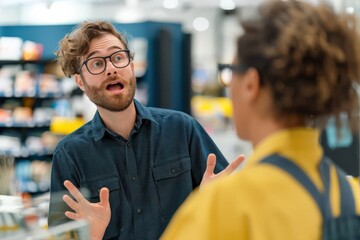 Angry customer arguing with a cashier at a retail store, frustration evident, commercial dispute concept