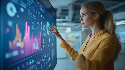 A woman is pointing at a computer monitor displaying a graph