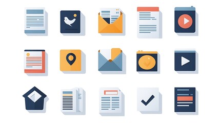 Flat vector icon set for a news app, featuring icons for different types of news sources like newspapers, magazines, and blogs with a simple and professional design. 