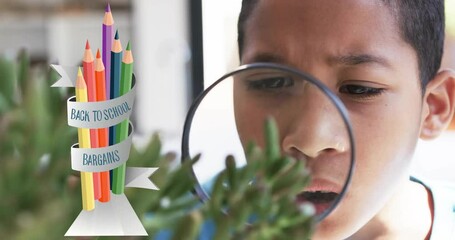Examining plant with magnifying glass, boy over Back to School Bargains animation