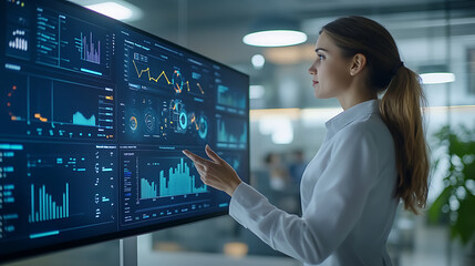 A woman is pointing at a computer monitor displaying various graphs and charts