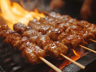 Yakitori skewers sizzling over a charcoal grill, Japanese food, street food experience