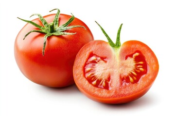 Tomato vegetables isolated on white background. One whole tomato and cut slice , ai