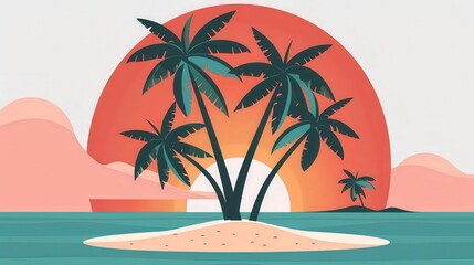 Fototapeta premium Tropical island, sandy beach and coconut trees, flat design illustration