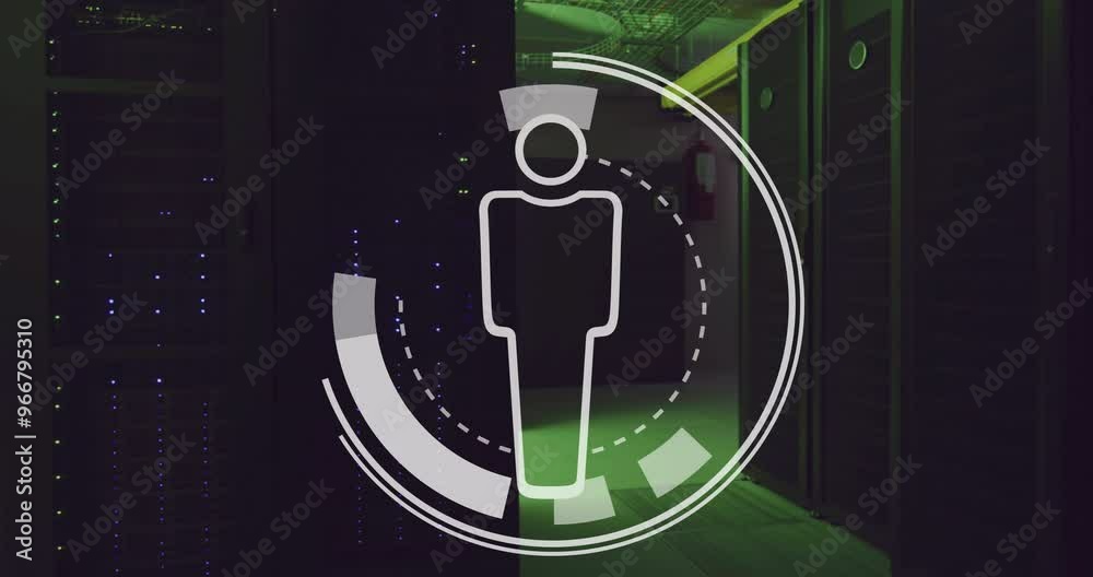 Poster animation of digital people icon and data processing over computer servers