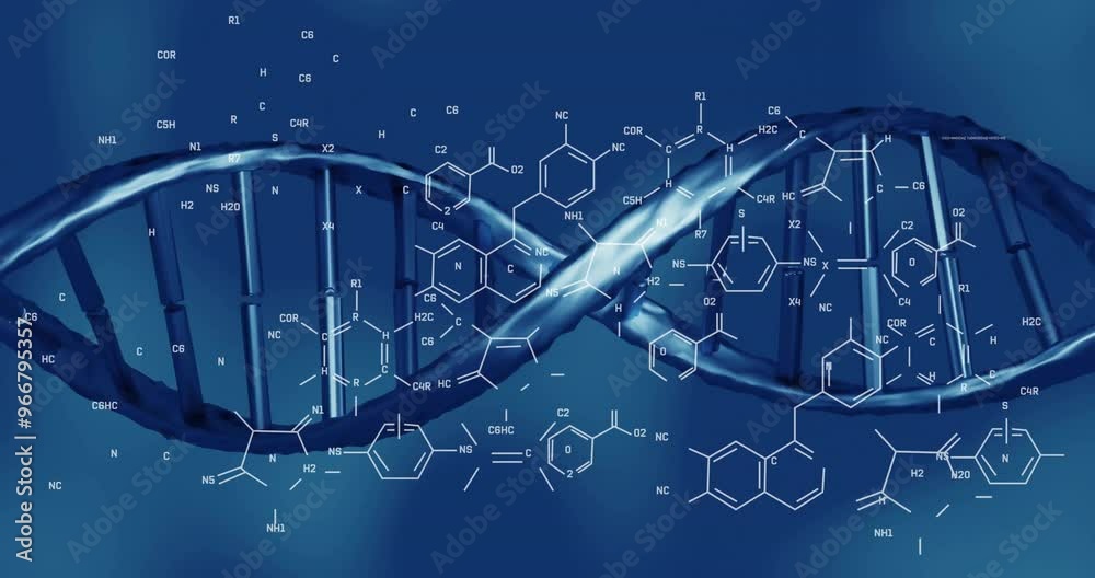 Wall mural animation of scientific data processing over dna strand spinning