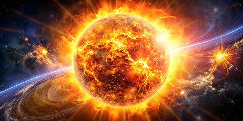 Obraz premium Cosmic Inferno: A fiery celestial body blazes in the vastness of space, its molten surface radiating intense heat and light. A breathtaking scene of cosmic power and beauty. 