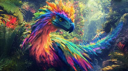 Fototapeta premium Rainbow Dromaeosaur In Tropical Forest