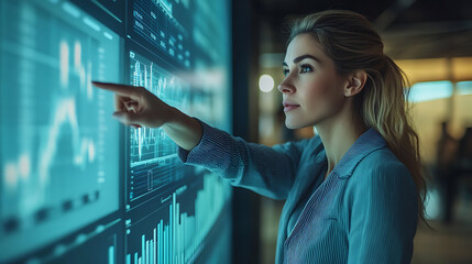 A woman pointing at a computer screen with a blue background